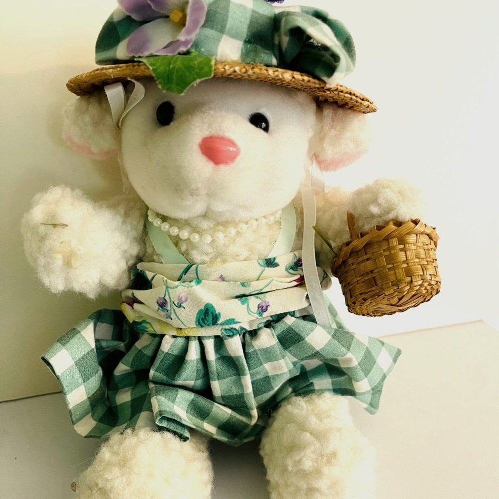 Adorable Vtg. 10 "Plush Baby Lamb with Handmade Clothing and Accents